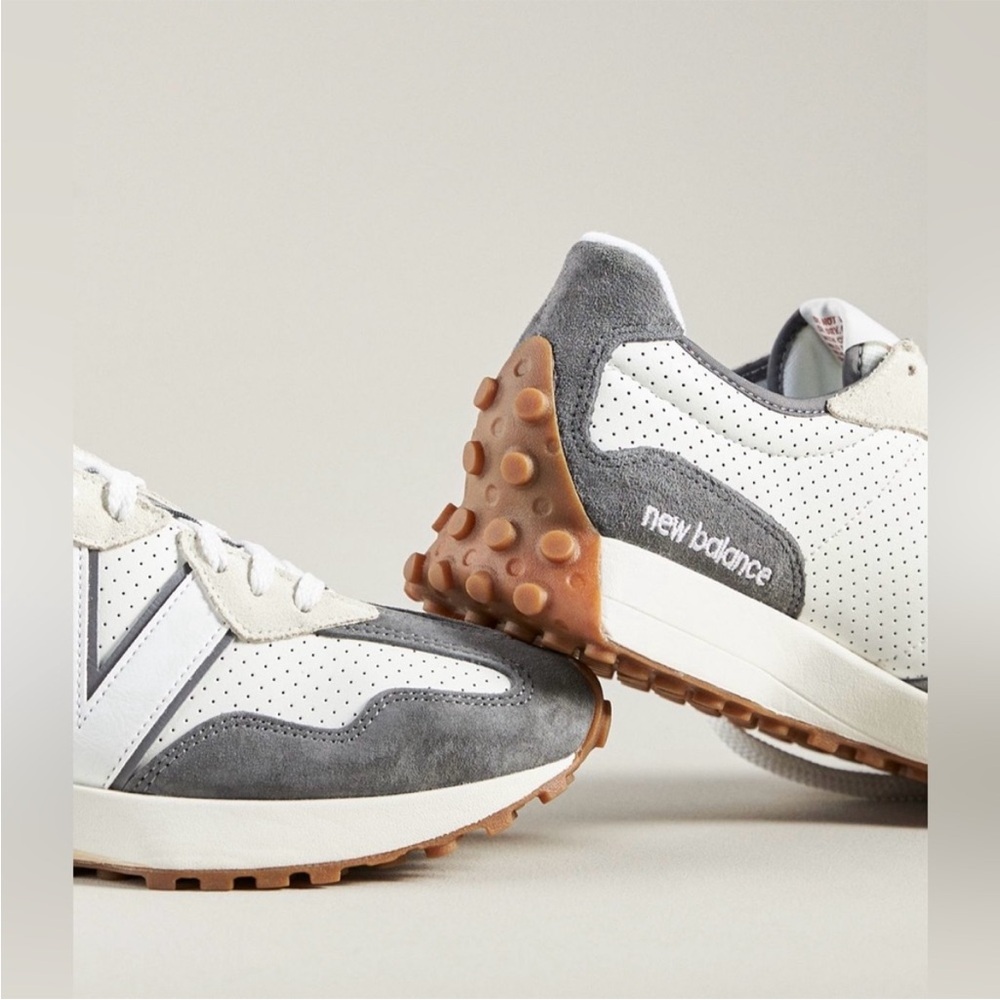 New Balance Gray and White Athletic Shoes with Brown Soles